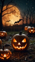 A bats flying in the night sky on a full moon on Halloween, Jack-o'-lantern pumpkins are light on the ground