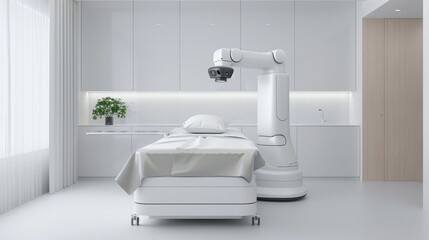 A medical robot using a high-tech device to measure a patients lung function in a respiratory care clinic, with copy space, high-resolution photo, realistic photo