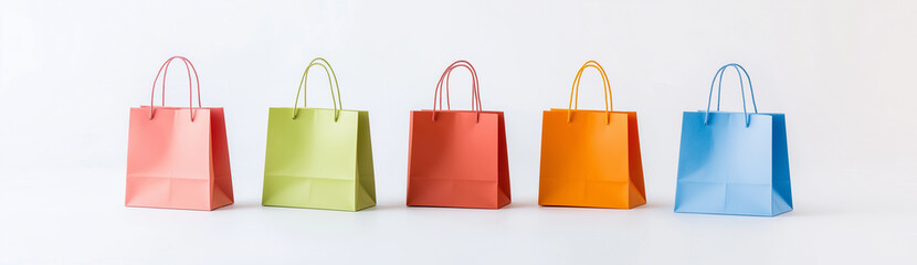 5 different colored paper shopping bags, white background, isolated from the edges of the canvas, high resolution, high quality, hyper realistic product photography in the style of professional studio
