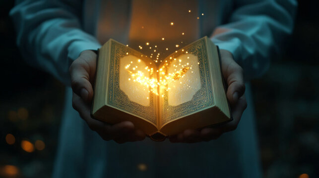 Muslim man holding holy quran book glowing with divine light in mosque