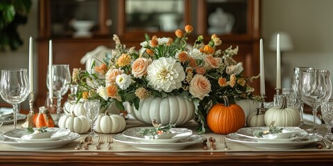 Cozy Autumn-Themed Dinner Table with Seasonal Decorations