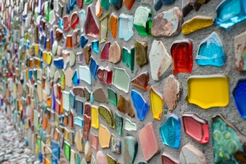 Fototapeta premium A wall constructed from colorful glass tiles, creating a bright and eye-catching display, Gravel wall embedded with colorful glass fragments