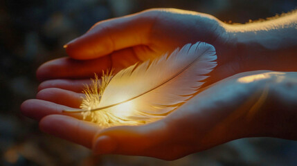 Woman holding a glowing feather in her hands at sunset