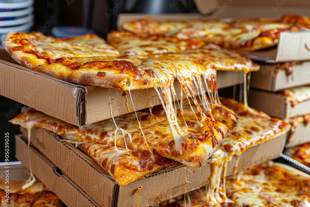 Poster a stack of greasy pizza boxes with missing slices piled on a table, greasy pizza boxes stacked high,