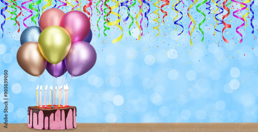 Poster birthday cake with bunch of colorful balloons on blurred blue background. empty space for text. 3d r