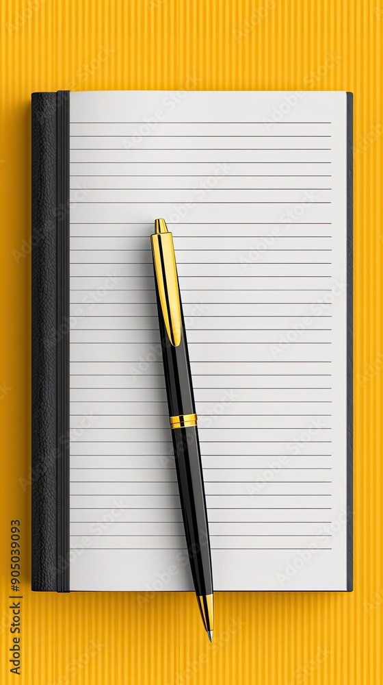 Poster elegant black pen resting on open lined notebook with yellow background