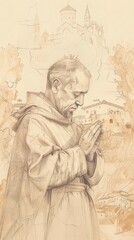 Fototapeta premium St. John of the Cross in Deep Contemplation, Spanish Countryside, Biblical Illustration, Beige Background, Copyspace , Biblical Illustration