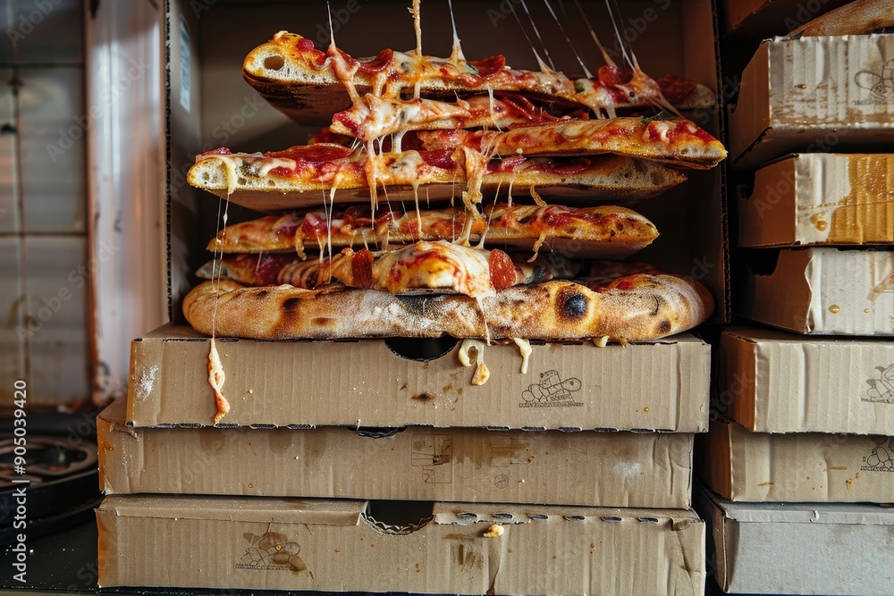 Poster greasy pizza boxes stacked high on top of each other, greasy pizza boxes stacked high, with slices m