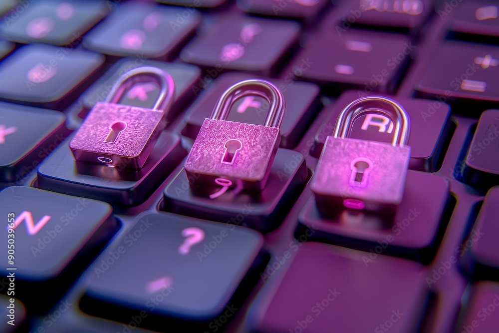 Poster pink digital padlocks on keyboard, highlighting the personalized security measures for computer acce