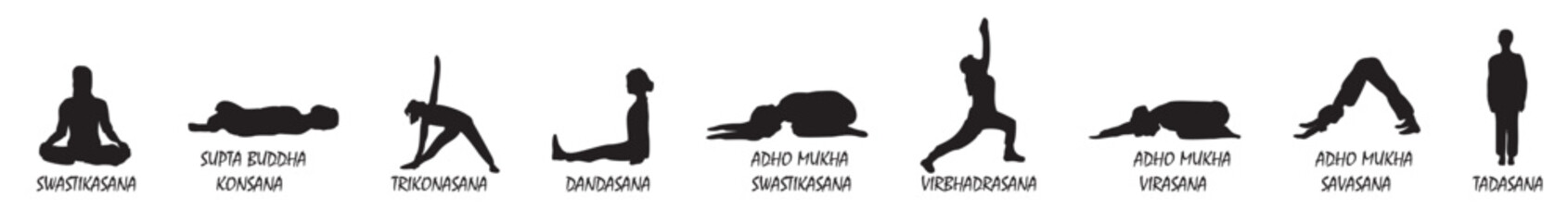 yoga silhouette meditation in different pose silhouette collection