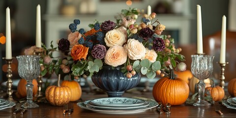Cozy Autumn-Themed Dinner Table with Seasonal Decorations