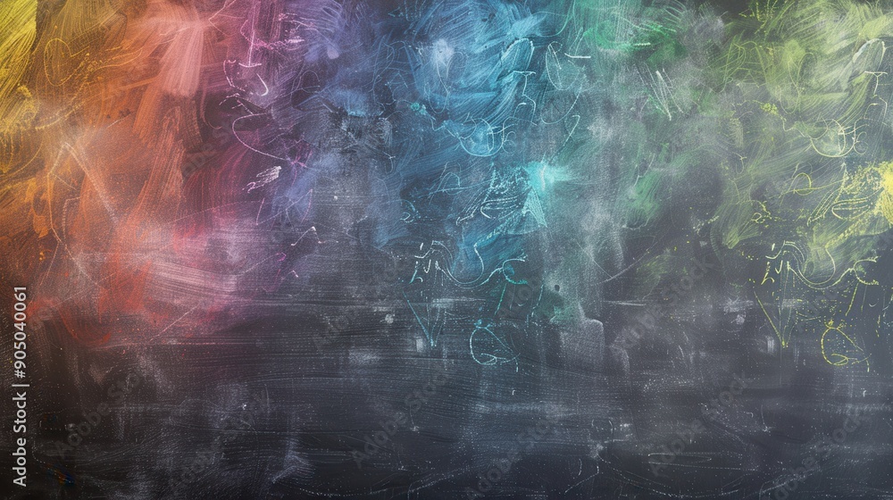 Poster a chalkboard features vibrant spirals and abstract shapes created during an art activity, showcasing