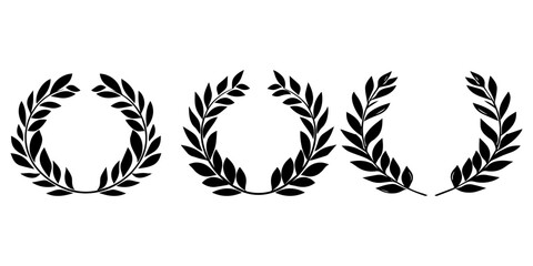 set of three black and white vector logo, laurel wreath with leaves in the shape of an oval, simple shapes, flat design, on solid background
