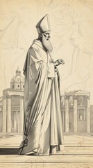 St. Damasus I in Papal Robes in 4th-Century Roman Basilica, Biblical Illustration, Beige Background, Copyspace , Biblical Illustration