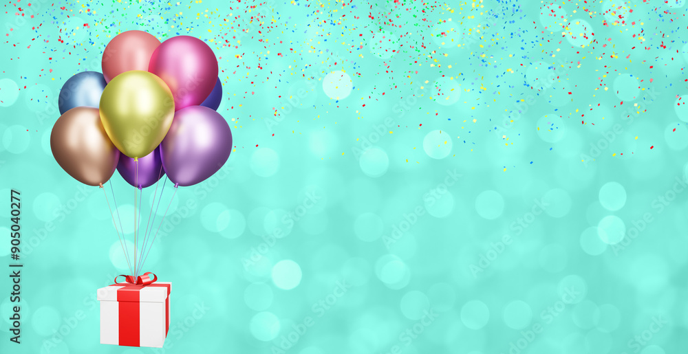 Aufkleber Flying gift box with multicolored shiny balloons on blurred aquamarine background. 3d rendering. Empty space for text