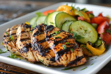 Grilled chicken served with a variety of colorful vegetables on a plain white plate, Grilled chicken paired with fresh, colorful veggies