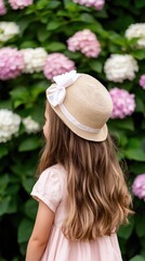 Young Girl in Straw Hat Enjoys Vibrant Hydrangea Blooms in Spring