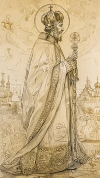 St. Casimir in Royal Robes at 15th-Century Polish Court, Biblical Illustration, Beige Background, Copyspace , Biblical Illustration
