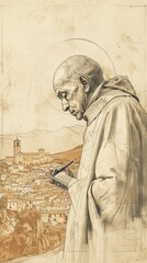 Fototapeta premium St. Raymond of Peñafort Writing in 13th-Century Spanish Village, Biblical Illustration, Beige Background, Copyspace , Biblical Illustration