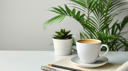 Fototapeta premium Comfortable workplace with coffee, stationery and houseplant on white table, home office