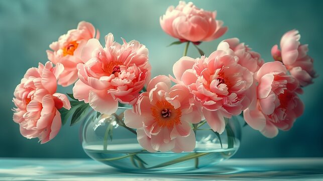Delicate Pink Peonies Arranged in a Glass Vase on a Soft Blue Surface