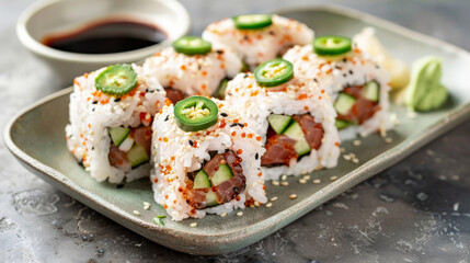 Delight in the classic flavors of spicy tuna rolls featuring finely chopped tuna mixed with spicy mayo and crunchy cucumber, all topped with sliced jalapeÃ±os and a sprinkle of sesame seeds
