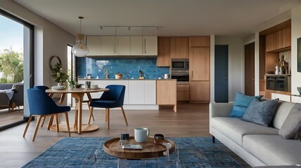 Interior design of a modern luxury house full of furniture, living room view of an smart house