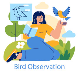 Birdwatching. Flat Vector Illustration