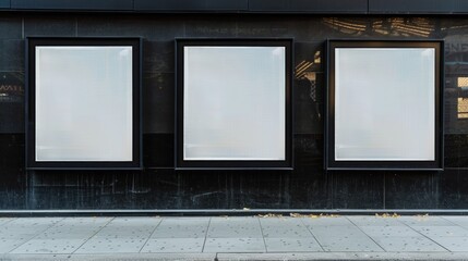 Thee empty advertising billboards on the wall of building
