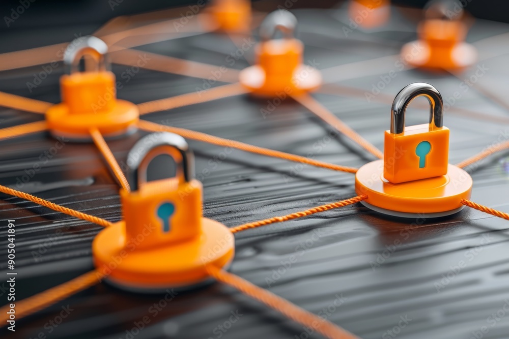 Poster network of digital locks on an orange motherboard, illustrating secure data pathways in technology.