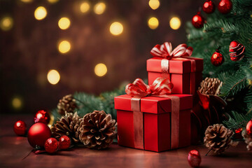 Obraz premium Composition of festive red gift boxes, Christmas tree decorations, branches, cones, balls against the background of golden shimmering bokeh lights. Banner.