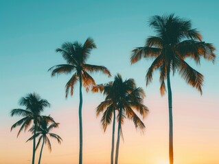 Coconut palms silhouetted against the orange sun setting over the ocean, a serene and peaceful scene