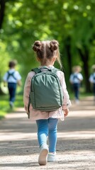 Obraz premium Young Child Walking Through Park Path With Backpack on Sunny Day