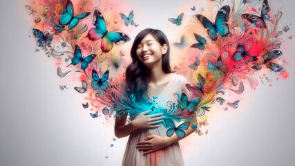 Fototapeta premium Happy young girl in love with abstract butterflies in her stomach