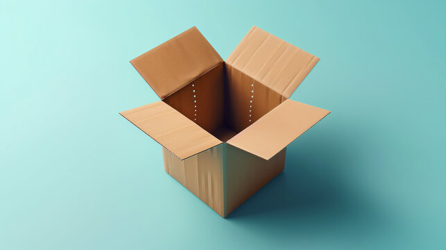 Isometric view of cardboard box with dotted fold lines on light blue plain surface