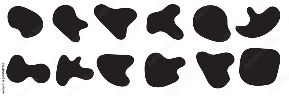 Poster black wavy liquid blobs. amorphous random irregular blobs. black blotch irregular form vector illust