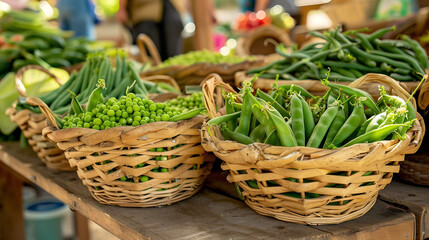 Elegant arrangement of sweet, fresh green peas in pods and in bulk in wicker baskets