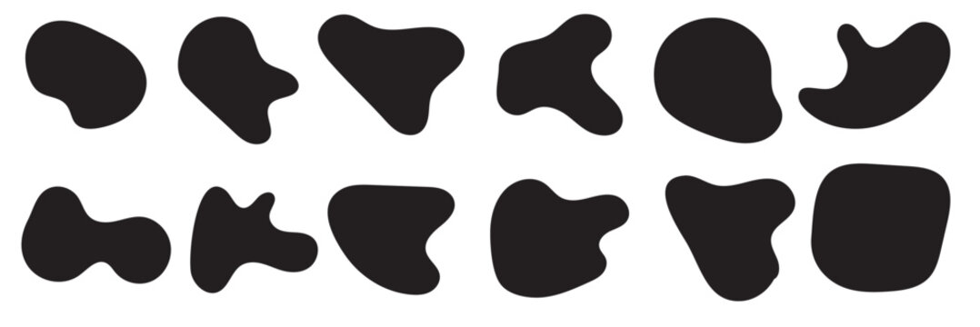 Black wavy liquid blobs. Amorphous random irregular blobs. Black blotch irregular form vector illustration. Set of abstract black organic shaped blobs elements isolated on white background.