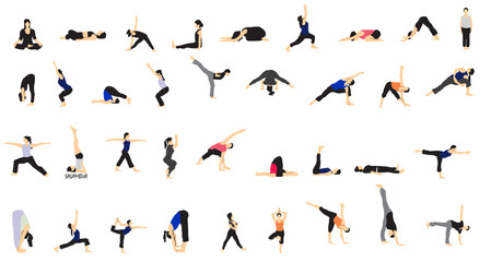 yoga people in different pose collection meditation asana yoga set