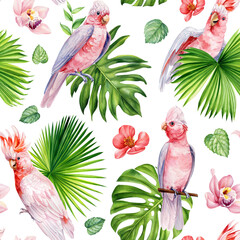 Pink cockatoo Seamless Pattern watercolor tropical palm leaves parrots birds, flowers. flora background Tropic Patterns © Hanna