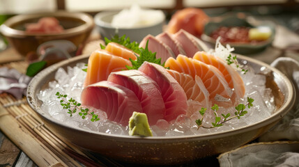 A beautifully arranged selection of fresh sashimi slices - tuna, salmon, yellowtail, and octopus - presented on a bed of ice with daikon radish and shiso leaves