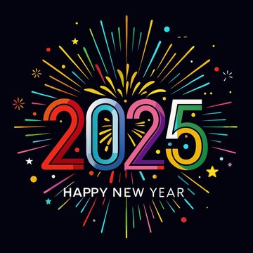 Colorful 2025 Happy New Year with Fireworks on Black Background for Christmas