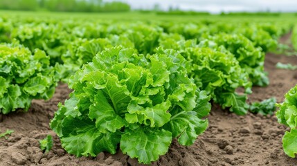 Obraz premium Vibrant green lettuce growing in a field under a cloudy sky, showcasing healthy organic farming practices and rich soil.