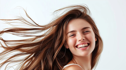 Fototapeta premium A beautiful woman with long hair smiling against a white background