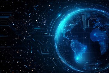 Obraz premium Abstract digital technology background with earth globe, blue glowing planet and hologram circuit board on black space backdrop