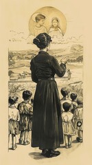 St. Mary MacKillop Teaching Children in 19th-Century Australia, Biblical Illustration, Beige Background, Copyspace , Biblical Illustration © T Studio