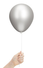 Female hand holding the silver balloon. Isolated on white background