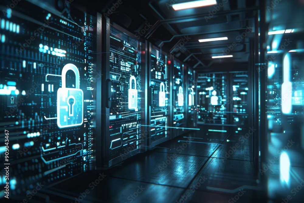 Poster server room with digital locks visualization, depicting robust cybersecurity measures in network inf