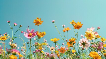 Fototapeta premium Summer Bloom: A vibrant field of wildflowers reaches for the sky, showcasing a stunning array of colors against a clear blue canvas. The image evokes a sense of peace, joy, and the beauty of nature.