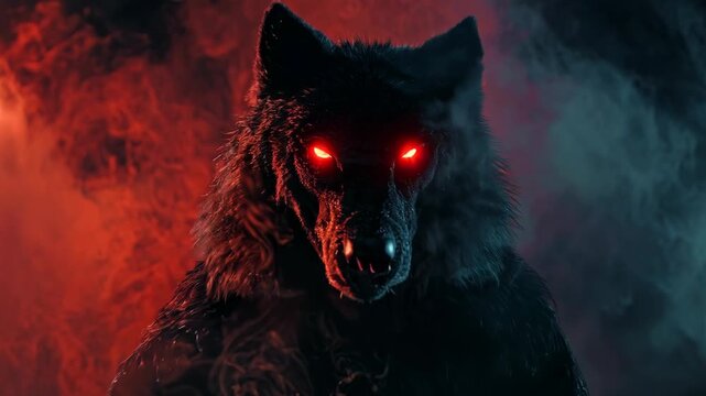 Werewolf with glowing eyes in dark smoke background. Halloween celebration. Dark and eerie fantasy scene. Horror and supernatural creature concept. Banner, poster, advertisement